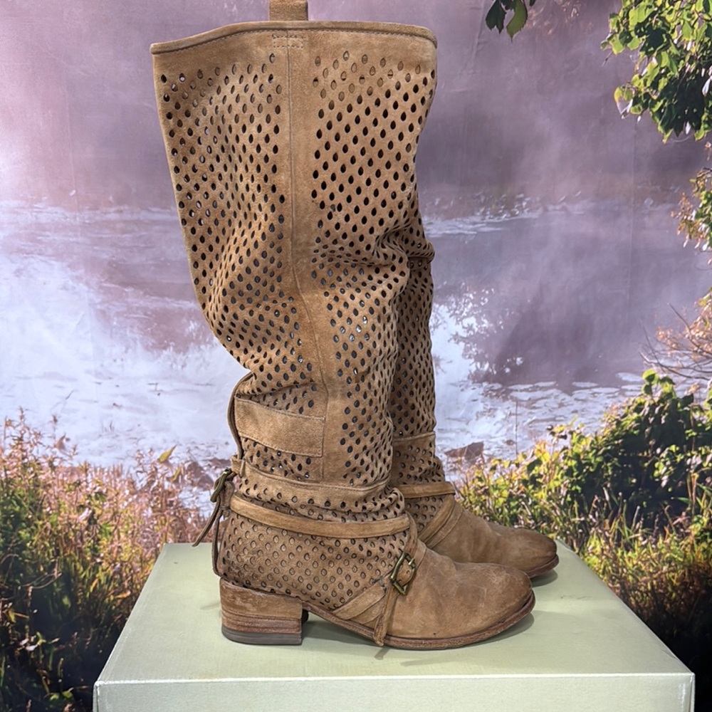 A.S.98 Tan Perforated Over-the-Knee Suede Boots